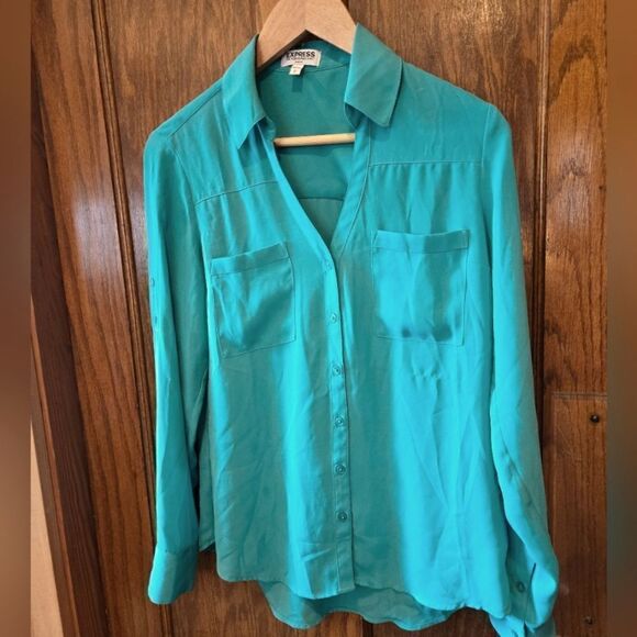 EXPRESS Portofimo Shirt Green Long Sleeves Pockets - Picture 2 of 9